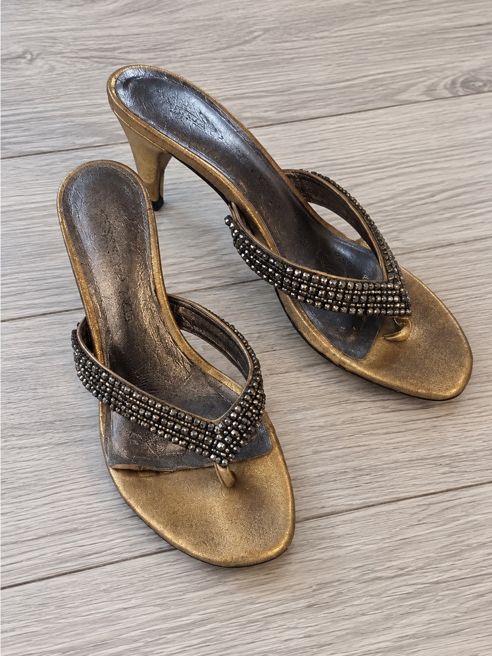 Jessica Bennett Metallic Rhinestones Gold Beaded High-Heel Thong Sandals